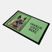 あなたの犬の写真と名前、緑の背景 ドアマット (アングル)