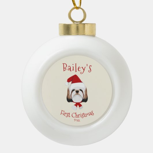 あなたの犬の初めてのクリスマス – かわいいシーズー（犬）Tzu セラミックボールオーナメント (正面)