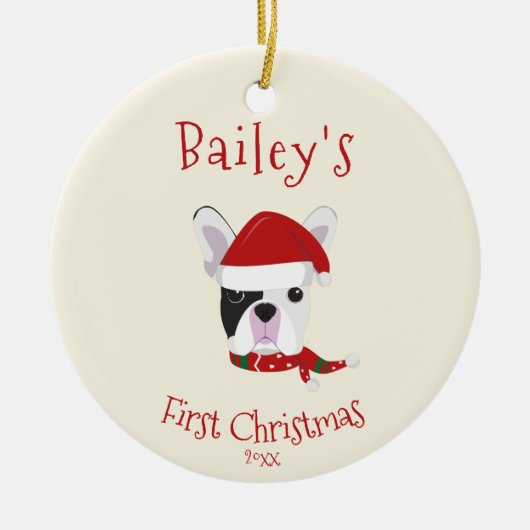 あなたの犬の初めてのクリスマス – かわいいフランスのブルドッグ セラミックオーナメント (正面)