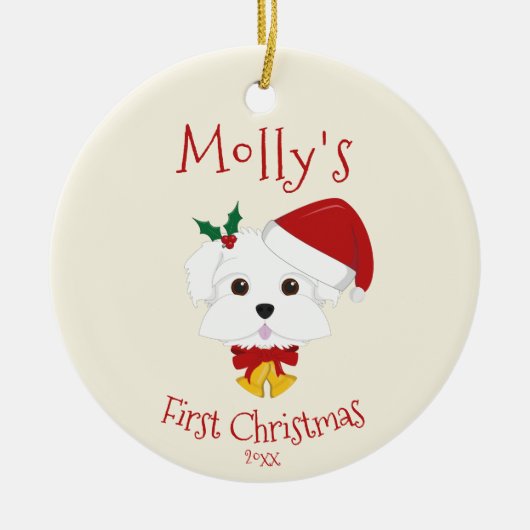 あなたの犬の初めてのクリスマス – かわいいマルチーズ セラミックオーナメント (正面)