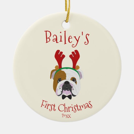 あなたの犬の初めてのクリスマス – かわいい英語ブルドッグ セラミックオーナメント (正面)