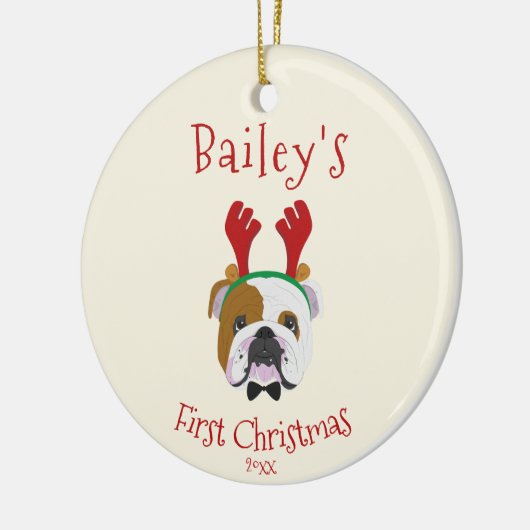 あなたの犬の初めてのクリスマス – かわいい英語ブルドッグ セラミックオーナメント (左)
