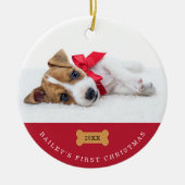 あなたの犬の初めてのクリスマス | 2枚の写真で赤 セラミックオーナメント (正面)
