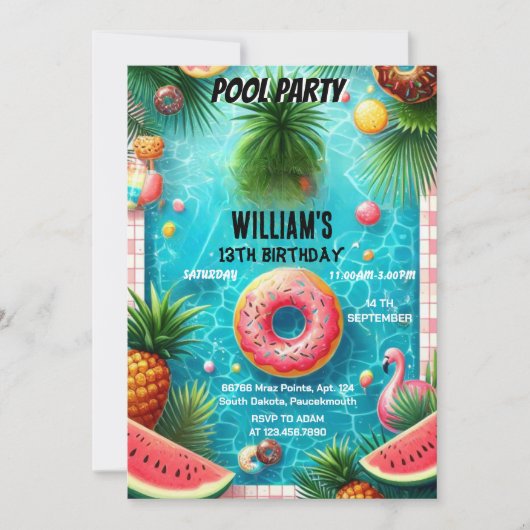 あなたの男の子の水青クールプールパーティー13th誕生日 招待状 (正面)