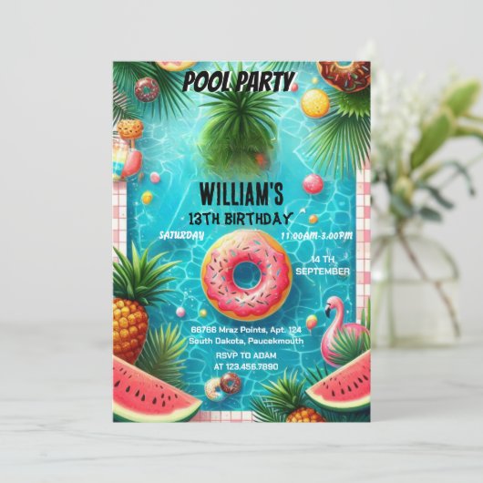 あなたの男の子の水青クールプールパーティー13th誕生日 招待状 (スタンド正面)