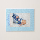 あなたの男の赤ちゃん写真と彼の名前の青いフレーム ジグソーパズル (横)