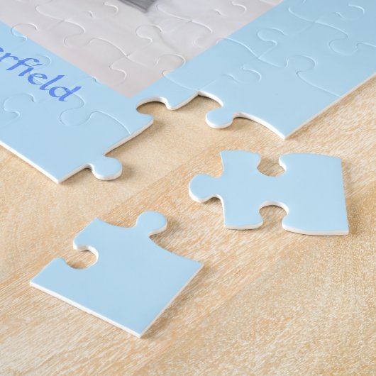 あなたの男の赤ちゃん写真と彼の名前の青いフレーム ジグソーパズル (側面)