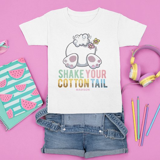 あなたの綿の尾を振るかわいいイースターバニー追加の名前 Tシャツ
