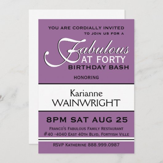 あなたの色の第40誕生会のタイプを選んで下さい 招待状 (正面/裏面)