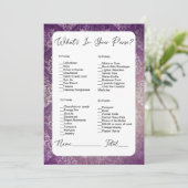 あなたの財布のパープルダマスクブライダルシャワーの中に何がある 招待状 (スタンド正面)