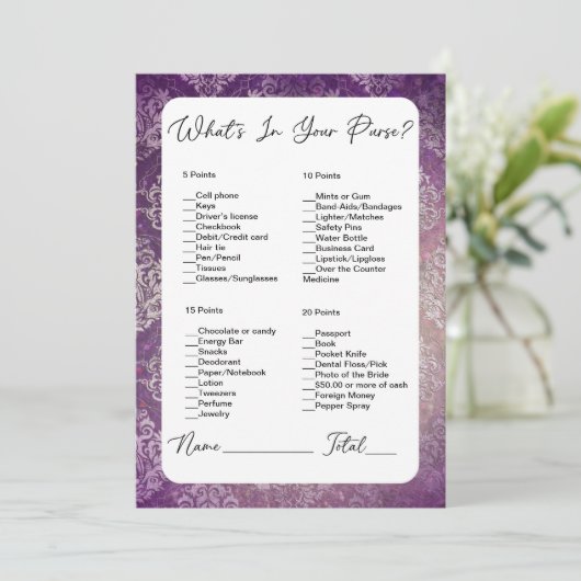 あなたの財布のパープルダマスクブライダルシャワーの中に何がある 招待状 (スタンド正面)