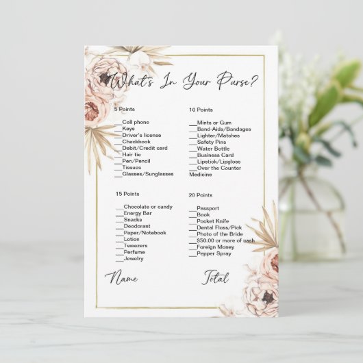 あなたの財布の中に何があるボホフローラブライダルシャワー 招待状 (スタンド正面)