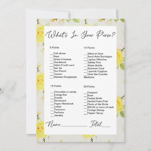 あなたの財布の中に何が黄色のバラのブライダルシャワー 招待状 (正面)