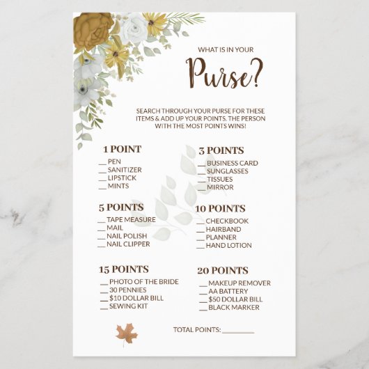 あなたの財布の中身は？ ボホ オータム シャワー ゲーム カード (正面)