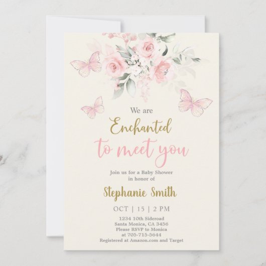 あなたの赤ちゃんシャワーの女の子に会うように魅了された蝶 招待状 (正面)