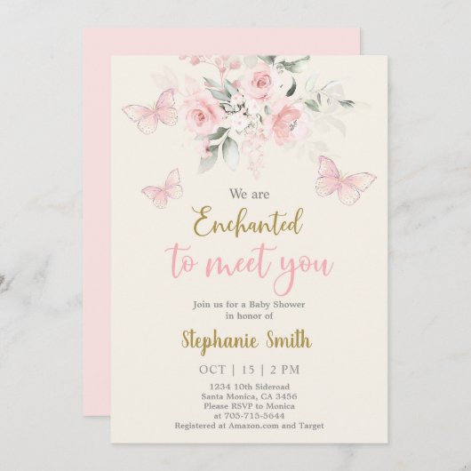 あなたの赤ちゃんシャワーの女の子に会うように魅了された蝶 招待状 (正面/裏面)