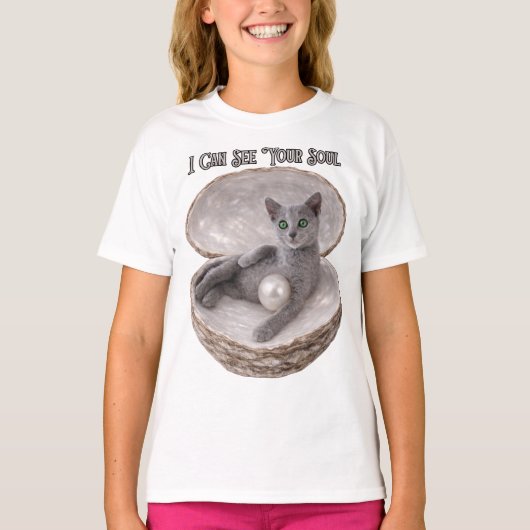あなたの魂が見えるよ 面白いロシアンブルーの猫デザイン Tシャツ (正面)