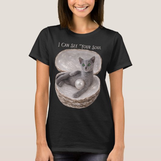 あなたの魂が見えるよ 面白いロシアンブルーの猫デザイン Tシャツ (正面)