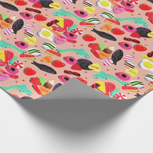 あなたはかわいいバレンタインはとても甘いピンクのキャンディ ラッピングペーパー (角)