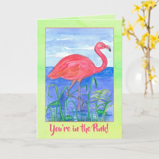 あなたはピンクのフラミンゴの鳥の水彩画で カード (黄色い花)