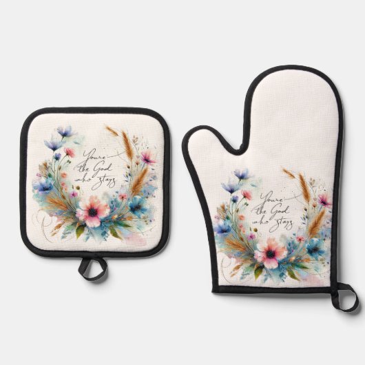 あなたは滞在する神、水の色フローラ 鍋つかみ&鍋敷きセット (正面)