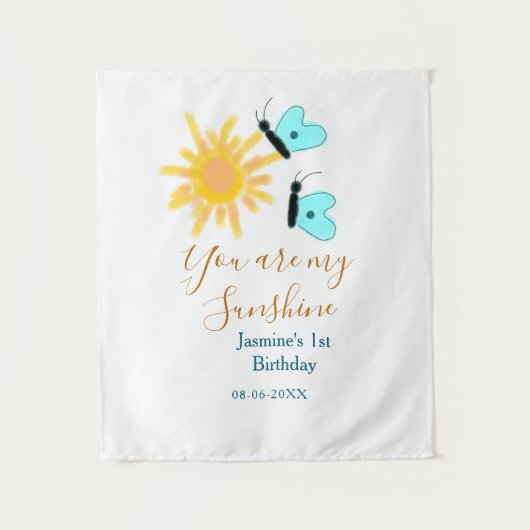 あなたは私のサンシャインイエローオレンジ太陽青い蝶 タペストリー (正面)