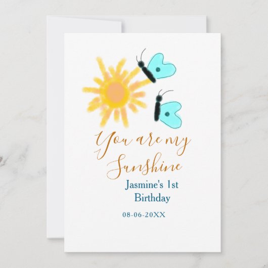 あなたは私のサンシャイン黄色オレンジ太陽青い蝶 招待状 (正面)
