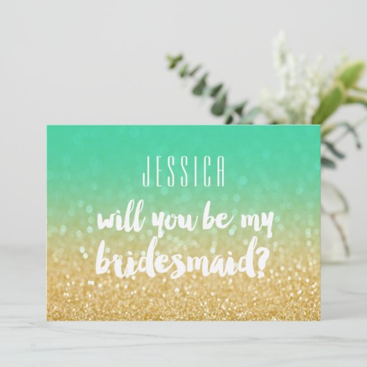 あなたは私のブライドメイド金ゴールドティール(緑がかった色)グラデーショングリッター 招待状 (スタンド正面)