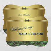 あなたは私のメイドオブオナーになってくれる？カスタムゴールドペコック 招待状 (正面/裏面)