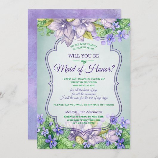 あなたは私のメイド・オブ・オーナー（花嫁付き添い人）結婚の薄紫 招待状 (正面/裏面)