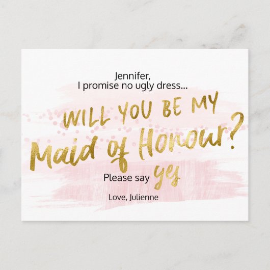 あなたは私のメイド・オブ・オーナー（花嫁付き添い人）赤面水の色 インビテーションポストカード (正面)