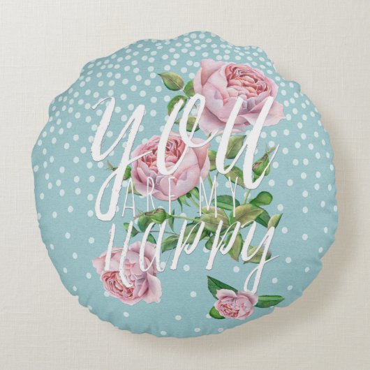 あなたは私の幸せ – タイポグラフィとイラストレーション ラウンドクッション (裏面)