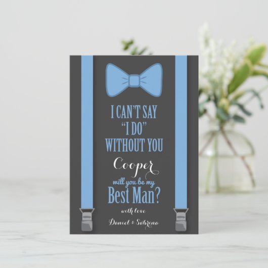 あなたは私の花婿介添人 – 青いタイのブレース 招待状 (スタンド正面)