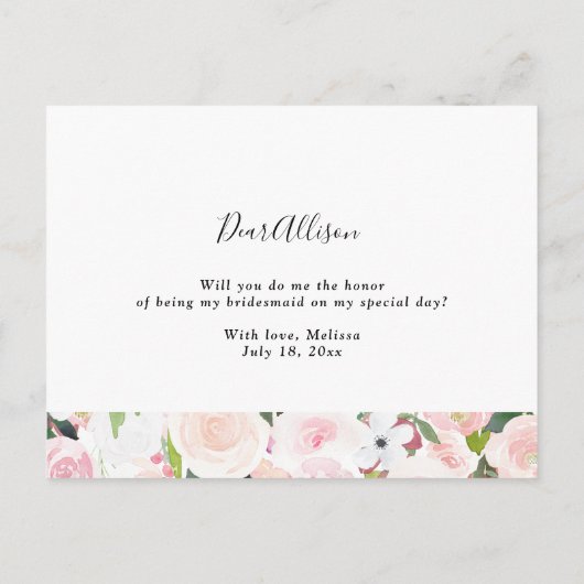 あなたは私の花嫁の付き添いの赤面ピンクフローラ インビテーションポストカード (裏面)