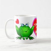あなたは私をそんなにホッピー緑の幸せなカエル赤いハート コーヒーマグカップ (左)