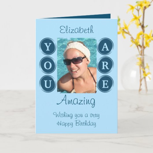 あなたは素晴らしい追加の写真名の青い誕生日 カード (黄色い花)