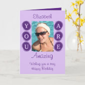 あなたは素晴らしい追加の写真名パープル誕生日 カード (黄色い花)