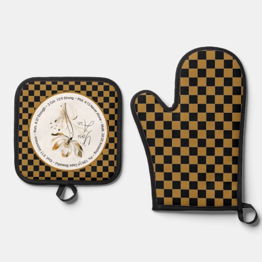 あなたは美しい聖なる書物、 経典の花と格子柄だ 鍋つかみ&鍋敷きセット (正面)