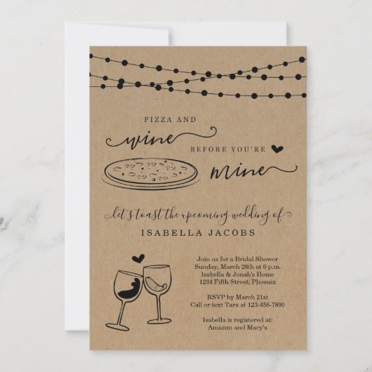 あなたは鉱山のブライダルシャワー前のピザとワイン 招待状 (正面)