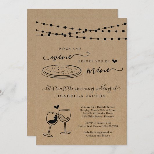 あなたは鉱山のブライダルシャワー前のピザとワイン 招待状 (正面/裏面)