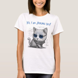 あなたを判断する厳しい猫 ブルーテキスト 女性用 Tシャツ