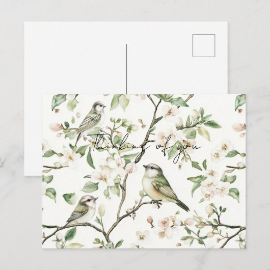あなたを想う 緑の鳥 白い花の木 ポストカード (正面/裏面)