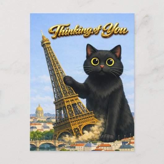 あなたを想ってエッフェル塔を倒す大きな黒猫 ポストカード (正面)