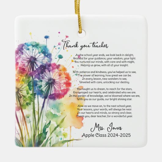 あなた感謝していの先生の退職dandelionの詩 セラミックオーナメント (正面)