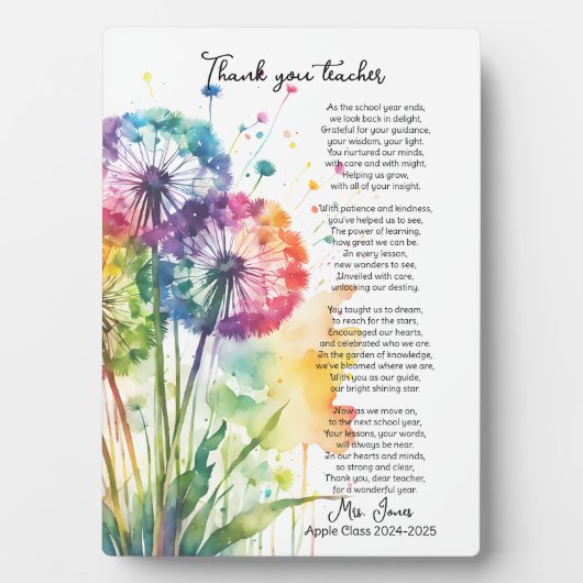 あなた感謝していの先生の退職dandelionの詩 フォトプラーク (正面)