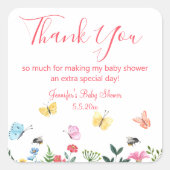 あなた感謝していは赤ちゃんシャワーの花と蝶ピンク スクエアシール (正面)