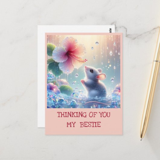 あなた考えのピンクの赤面花の神秘的なマウス ポストカード (正面/裏面インサイチュ)