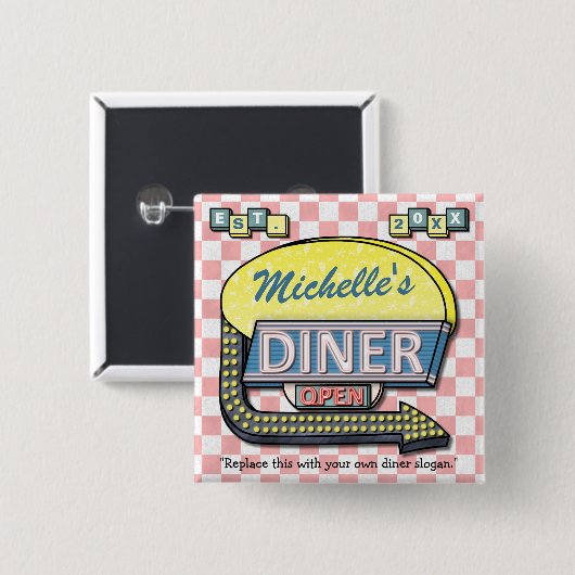 あなた自身のカスタムなレトロの50年代のダイナーの印を作成して下さい 缶バッジ (正面&裏面)