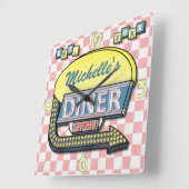 あなた自身のカスタムなレトロの50年代のダイナーの印3を作成して下さい スクエア壁時計 (傾斜)