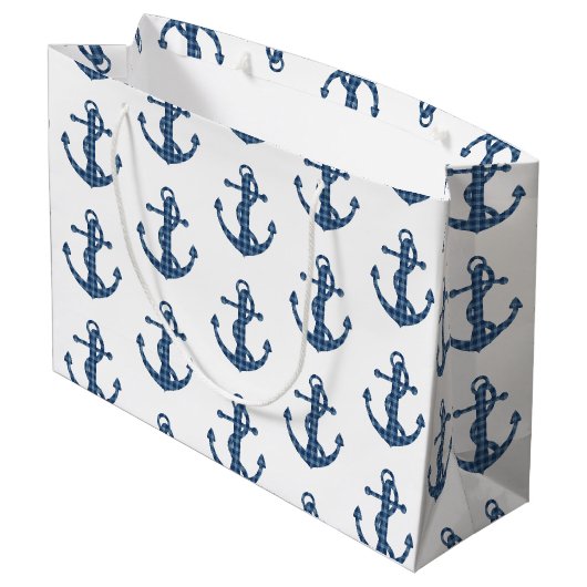 あなた自身のカスタムな|の格子縞のタータンチェックの青いいかりを作成して下さい ラージペーパーバッグ (裏面アングル)